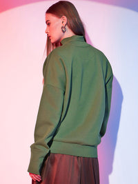 STREET 9 Olive Green Graphic Printed High Neck Cotton Sweatshirt