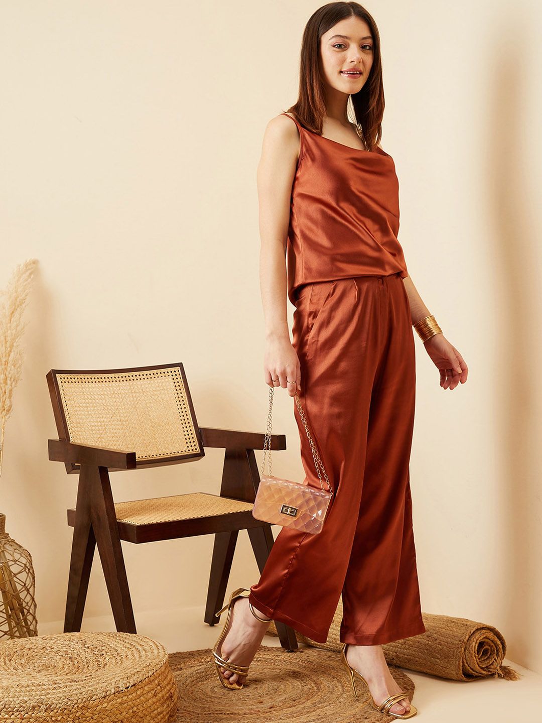 Berrylush Women Rust Relaxed Straight Leg High-Rise Parallel Trousers