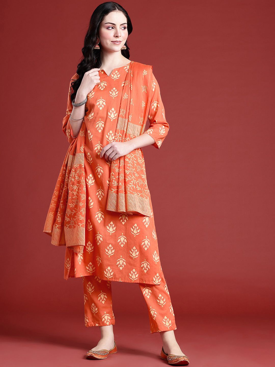 Anouk Ethnic Motifs Printed Regular Pure Cotton Kurta with Trousers & With Dupatta