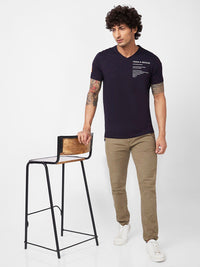 SPYKAR Typography Printed V-Neck Slim Fit Cotton Casual T-Shirt