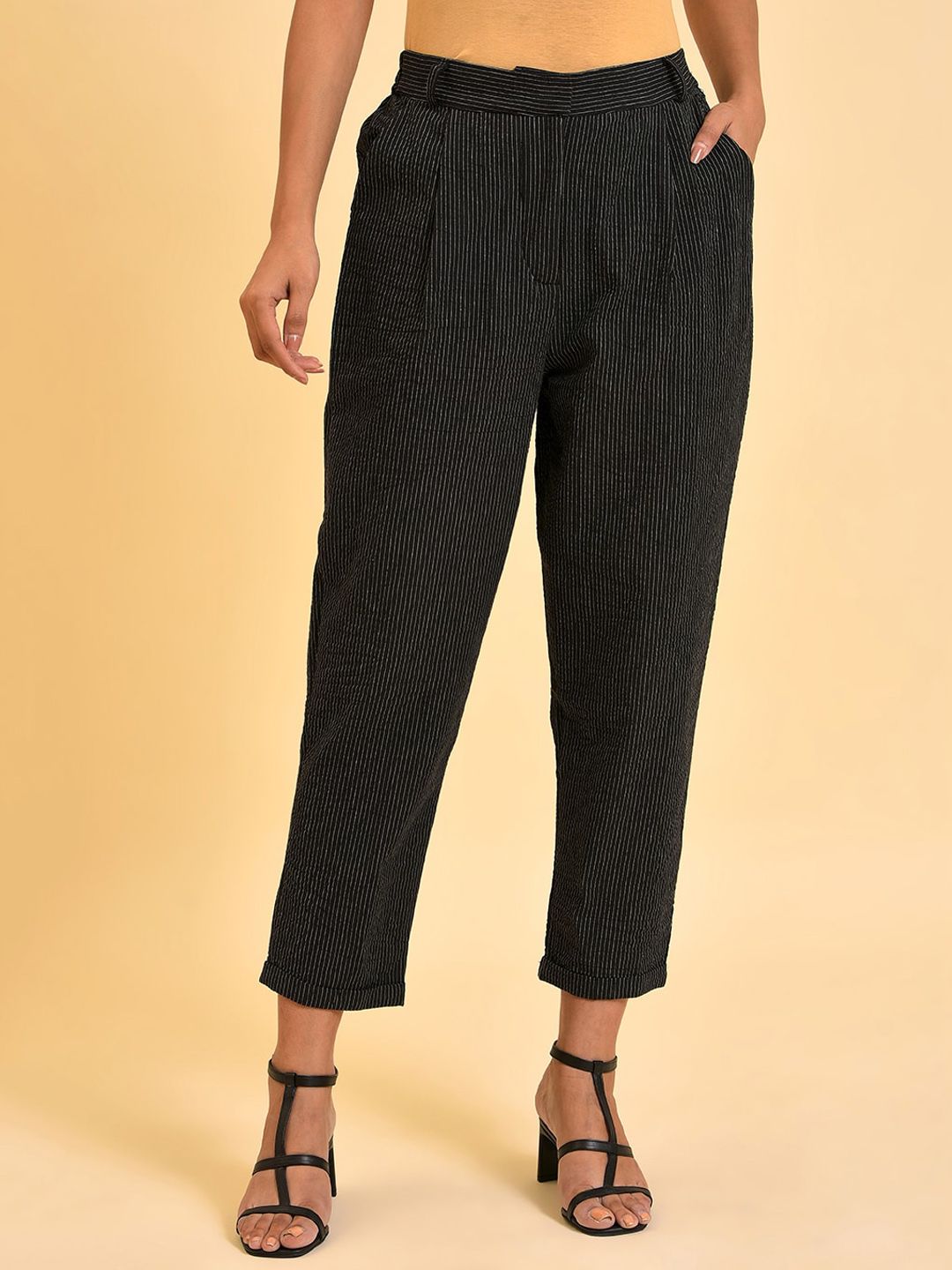 W Women Black Striped Pure Cotton Pleated Trousers