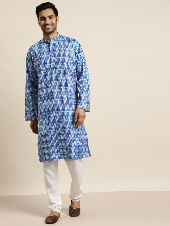 SOJANYA Kurta Bercetak Motif Etnik Biru & Putih Lelaki