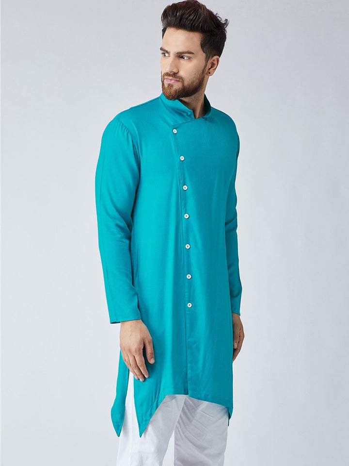 SOJANYA Men Turquoise Blue Solid Asymmetric Straight Kurta