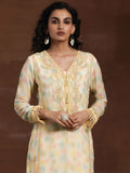 Libas Yellow Floral Printed V-Nek Beads and Stones Straight Kurta with Palazzos & Dupatta