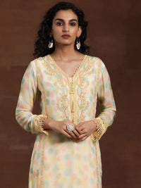 Libas Yellow Floral Printed V-Nek Beads and Stones Straight Kurta with Palazzos & Dupatta