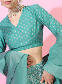 Vishudh Turquoise Blue & Off White  Foil Print Ready to Wear Lehenga & Blouse With Dupatta
