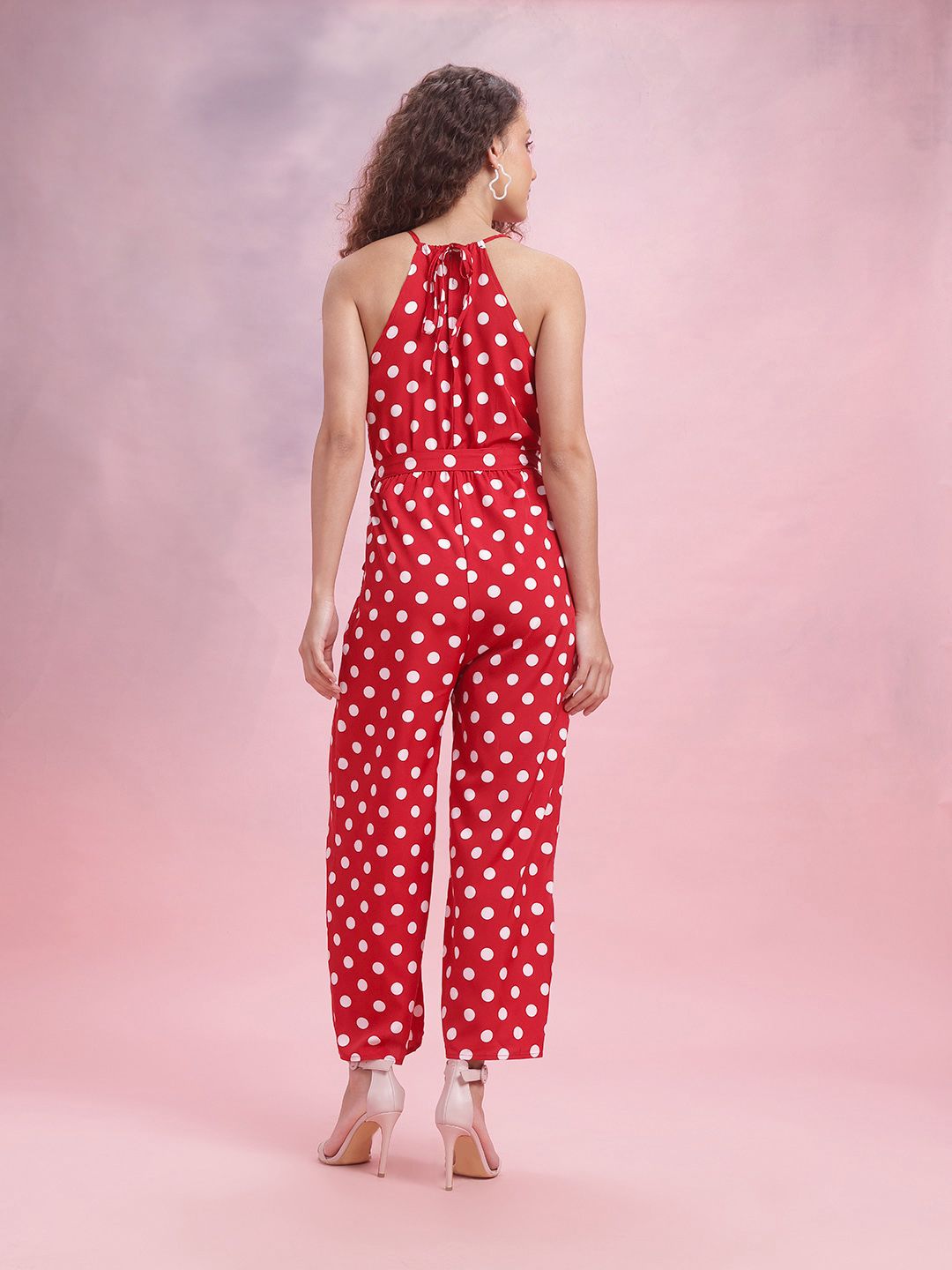 DressBerry Polka Dots Print Basic Jumpsuit with Belt