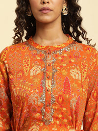 W Orange Ethnic Motifs Printed Mandarin Collar Sequinned Kurta