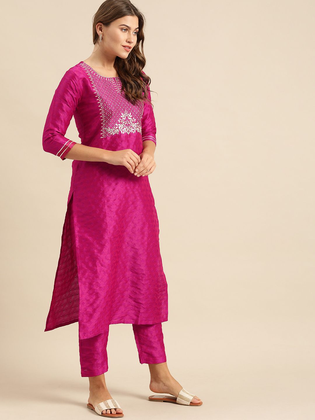 Varanga Women Magenta & Gold-Toned Embroidered Kurta with Trousers & Dupatta