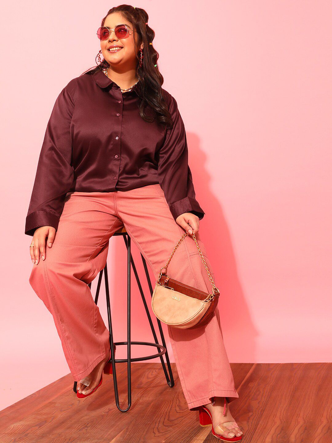 CURVY STREET Plus Size Burgundy Classic Satin Casual Shirt