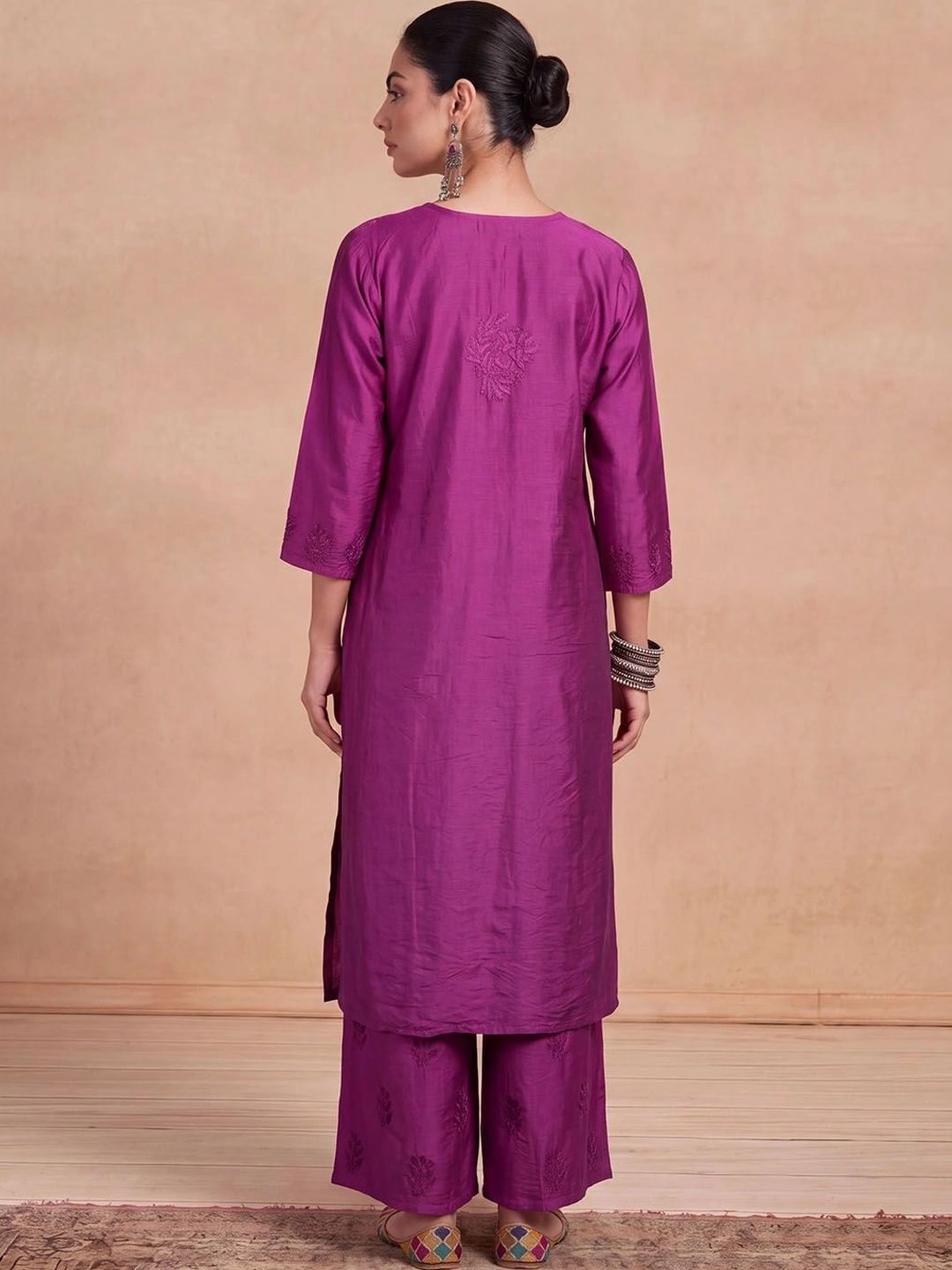 House of Chikankari Women Ethnic Motifs Embroidered Regular Thread Work Chanderi Silk Kurta with Palazzos