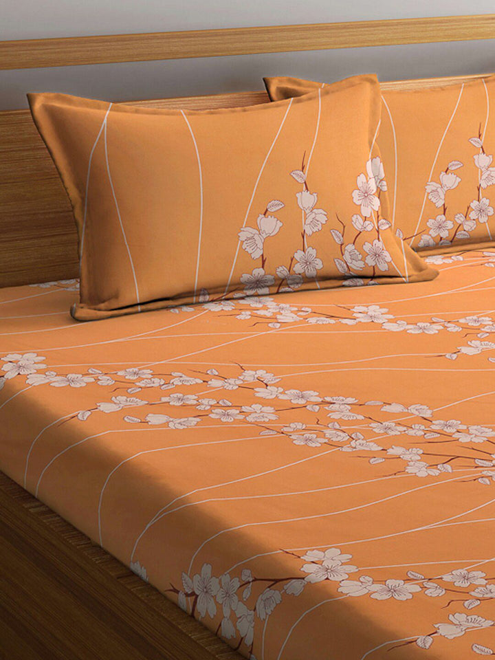 KLOTTHE Orange & White Floral-Printed 130GSM Pure-Cotton Fitted Double King Bedsheet Set