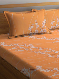 KLOTTHE Orange & White Floral-Printed 130GSM Pure-Cotton Fitted Double King Bedsheet Set