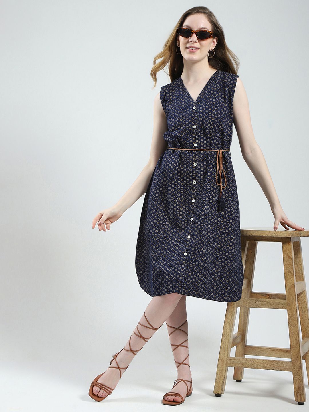 Monte Carlo Floral Print Pure Cotton Sleeveless Shirt Dress