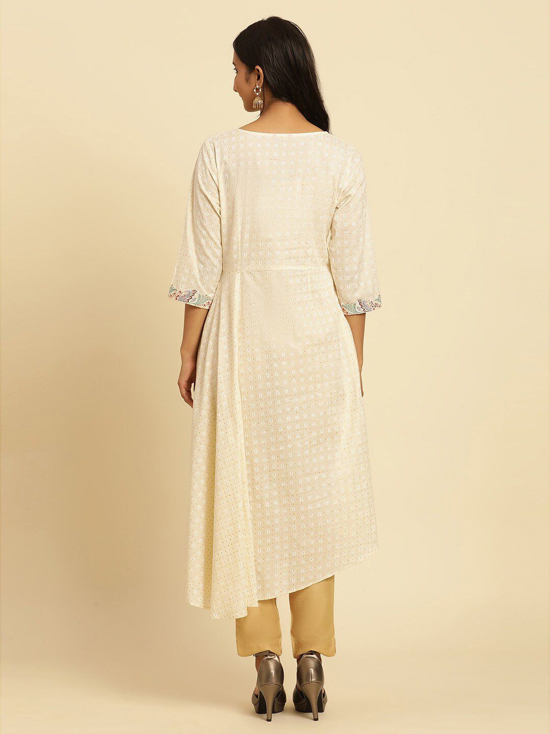 W White Ethnic Motifs Thread Work Boat Neck Cotton Anarkali Kurta