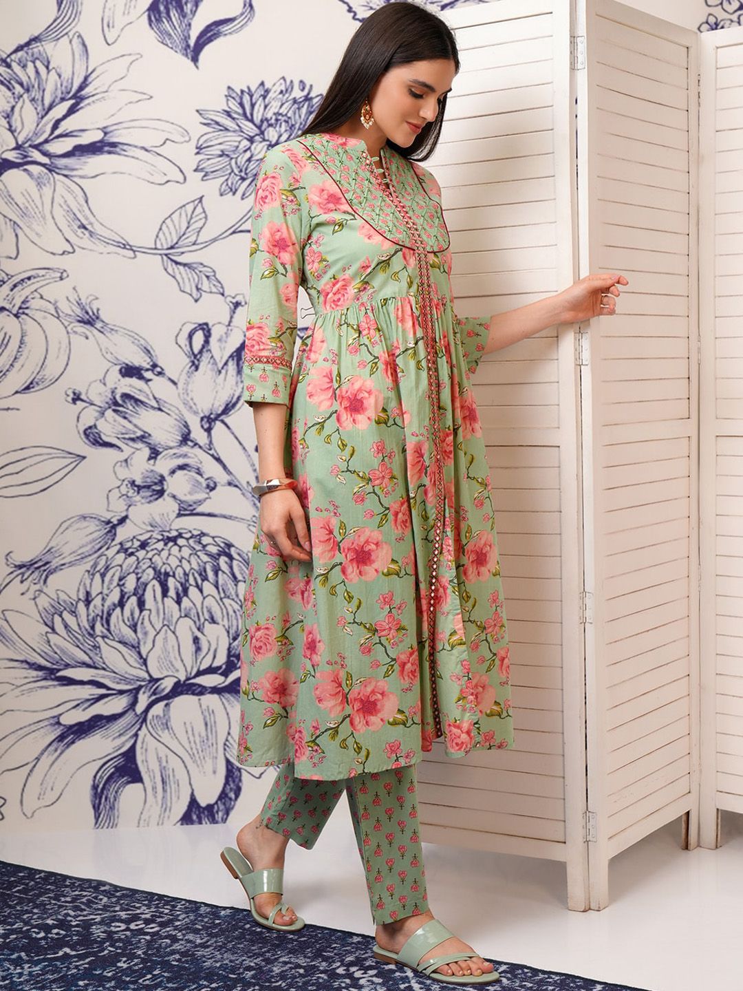 Vishudh Green Floral Printed Mirror Work Pure Cotton Kurta With Trousers & Dupatta