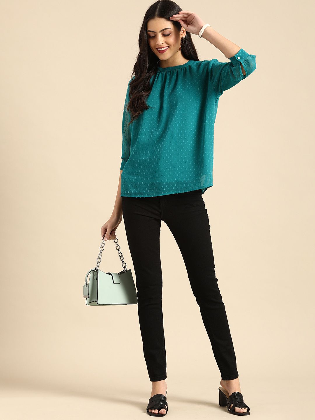 all about you Women Sea Green Self Designed Dobby Regular Top