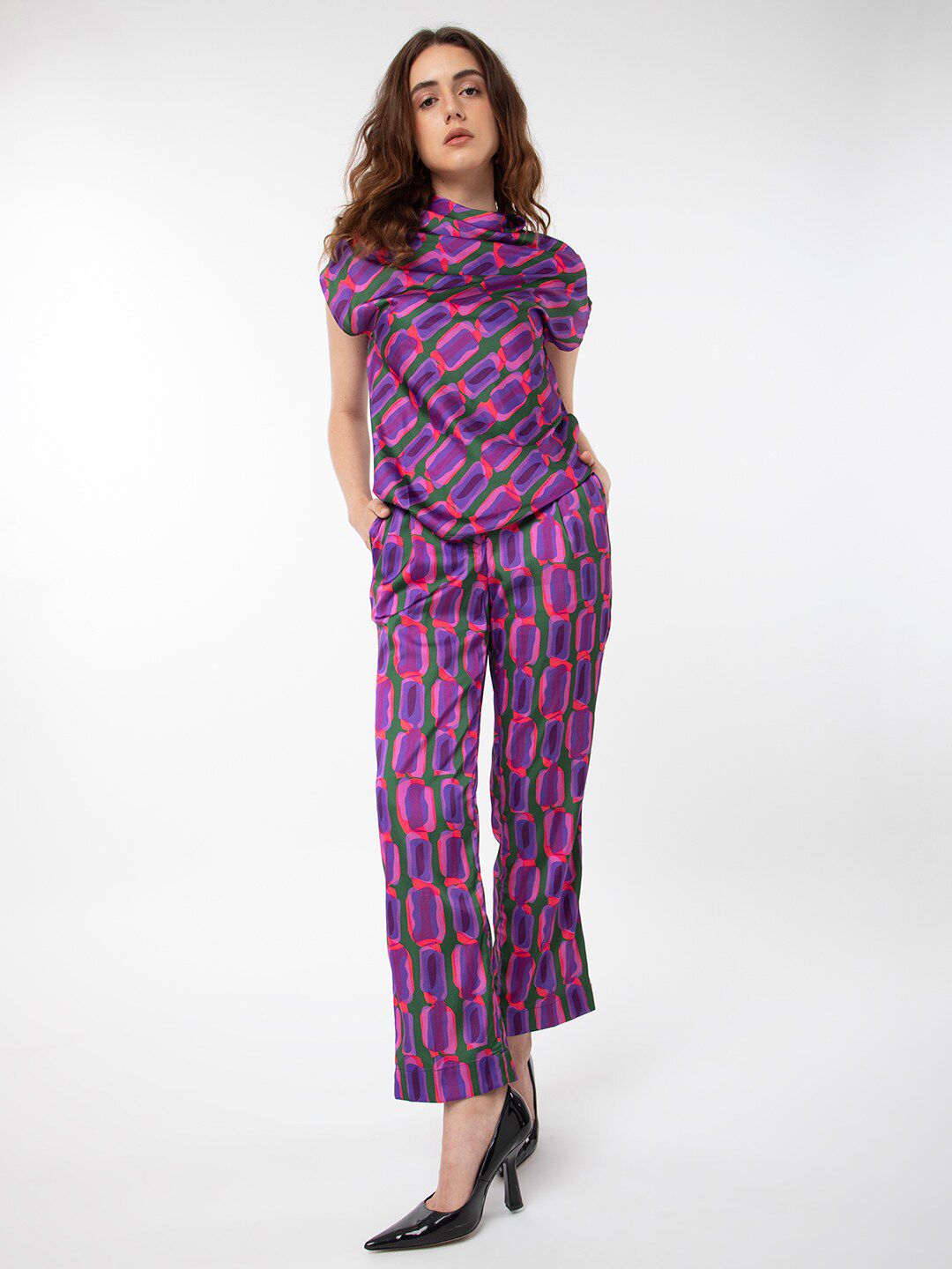 RAREISM Abstract Printed Cowl Neck Extended Sleeves Top
