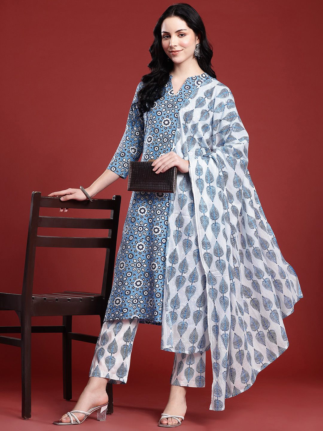 Anouk Ethnic Motifs Printed Band Collar Straight Kurta with Trousers & Dupatta