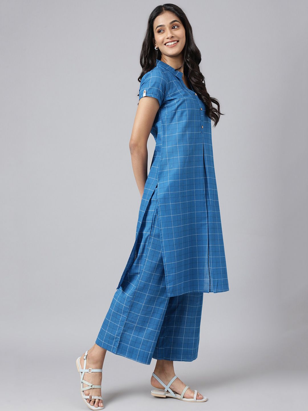 AURELIA Women Blue Checked Keyhole Neck Kurta