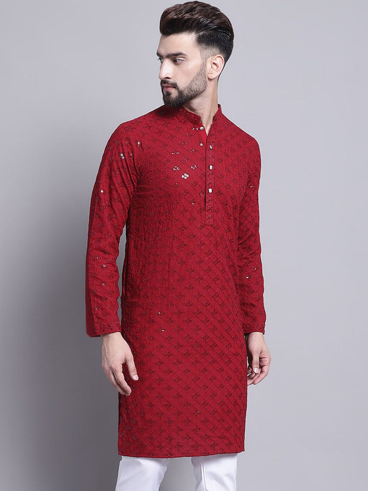 SOJANYA Geometric Embroidered Sequence Mandarin Collar Pure Cotton Kurta
