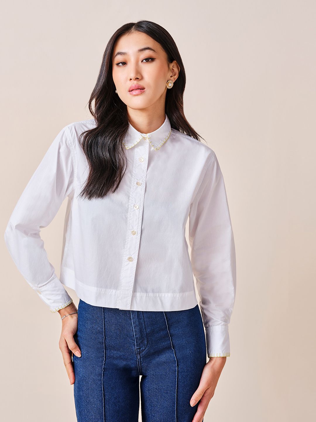 AND Women Solid Cotton Long Sleeves Shirt Style Top