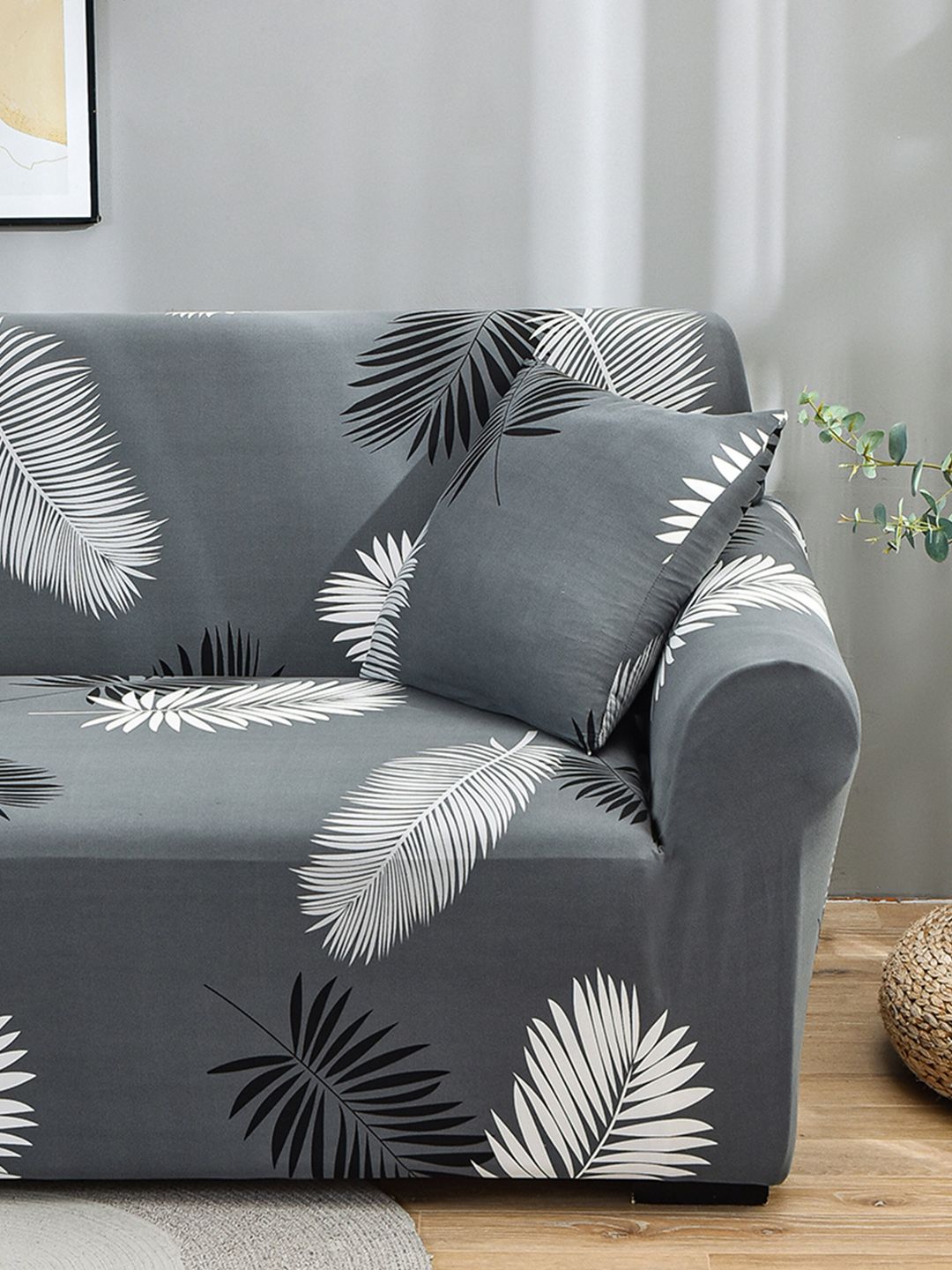 Story@home Grey & White Printed 3 Seater Stretchable Sofa Cover With Arms