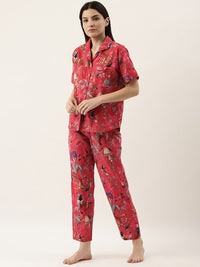 Sanskrutihomes Wanita Red & Grey Printed Pure Cotton Night Suit