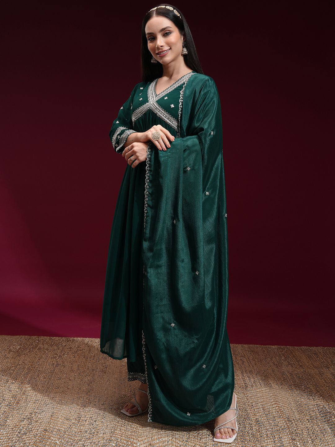 Vishudh Women Embroidered Kurta with Pant and Chinon Chiffon Dupatta