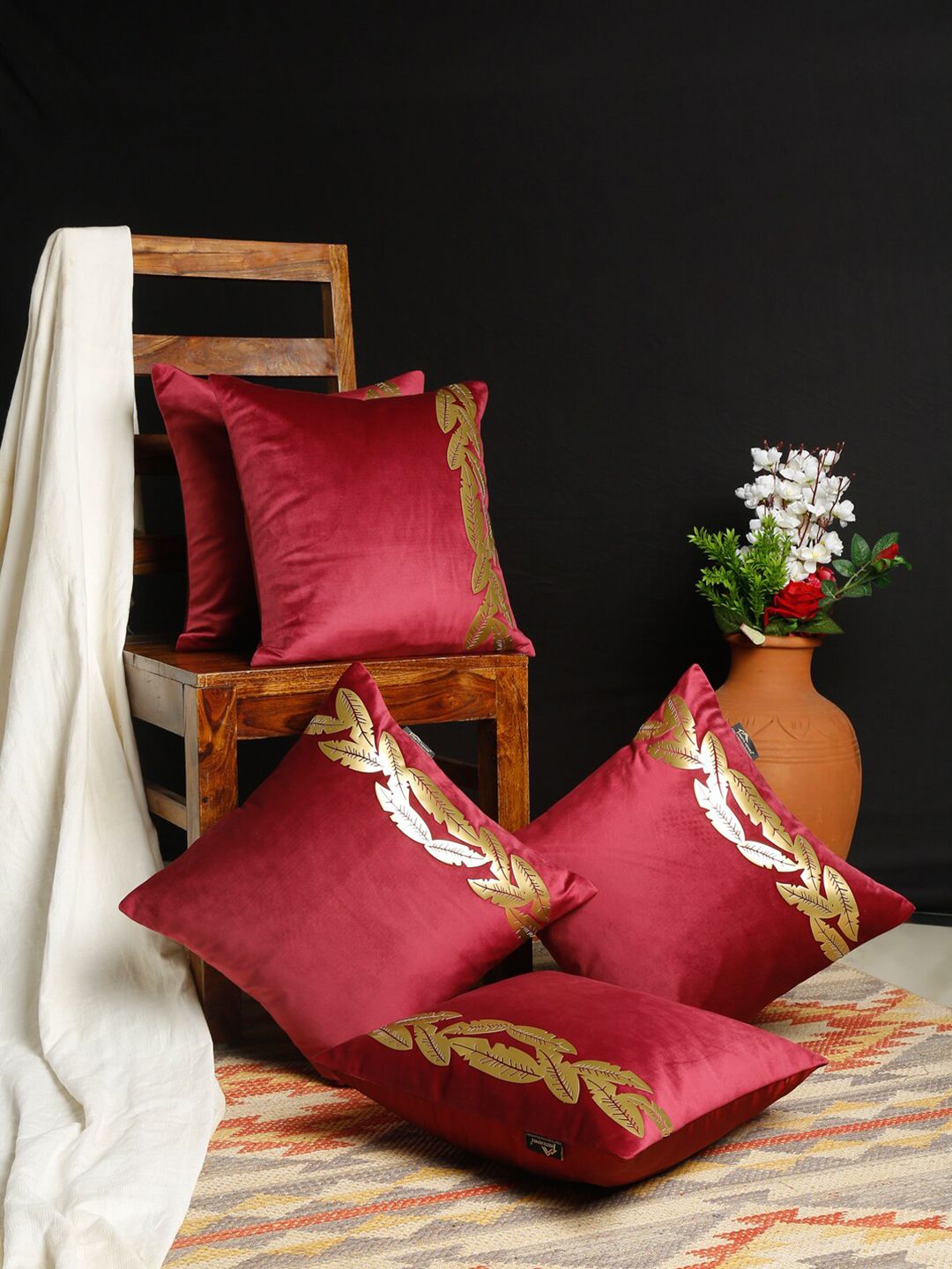 HOSTA HOMES Red & Gold-Toned Set of 5 Floral Velvet Square Cushion Covers