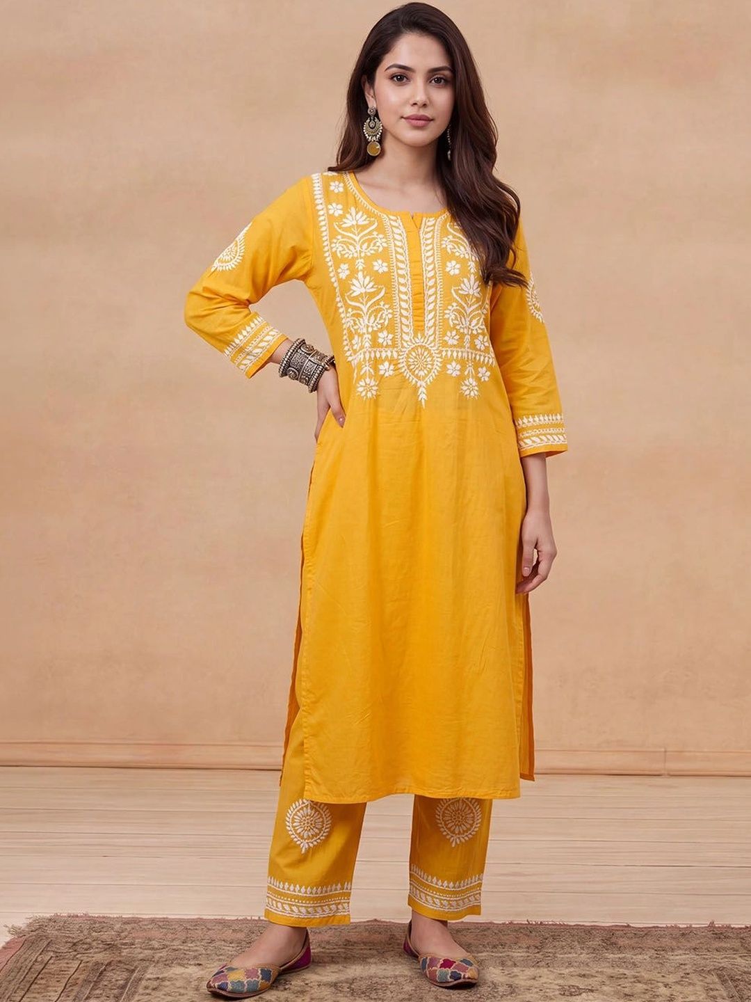 House of Chikankari Women Ethnic Motifs Embroidered Regular Chikankari Kurta with Trousers