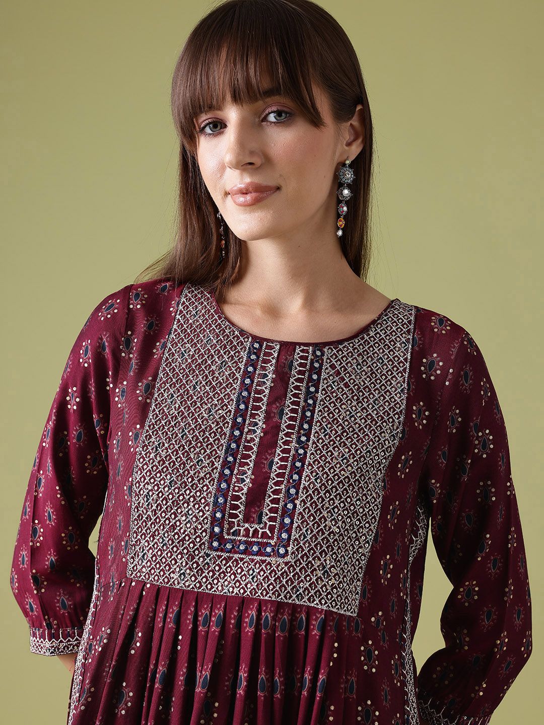 Anouk Ethnic Motifs Print Pleated Thread-Work Kurta with Trousers