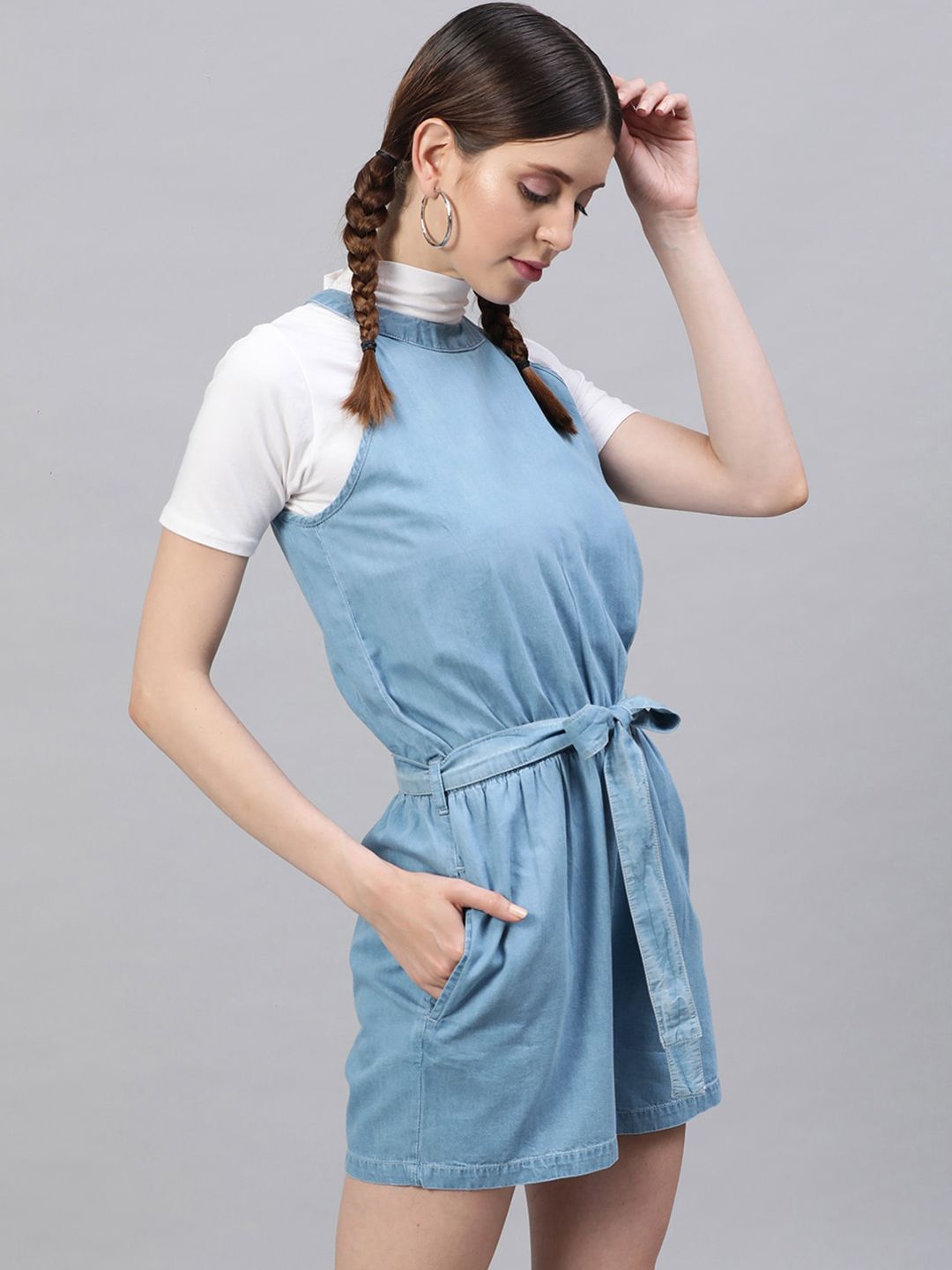STREET 9 Women Blue Solid Cotton Playsuit