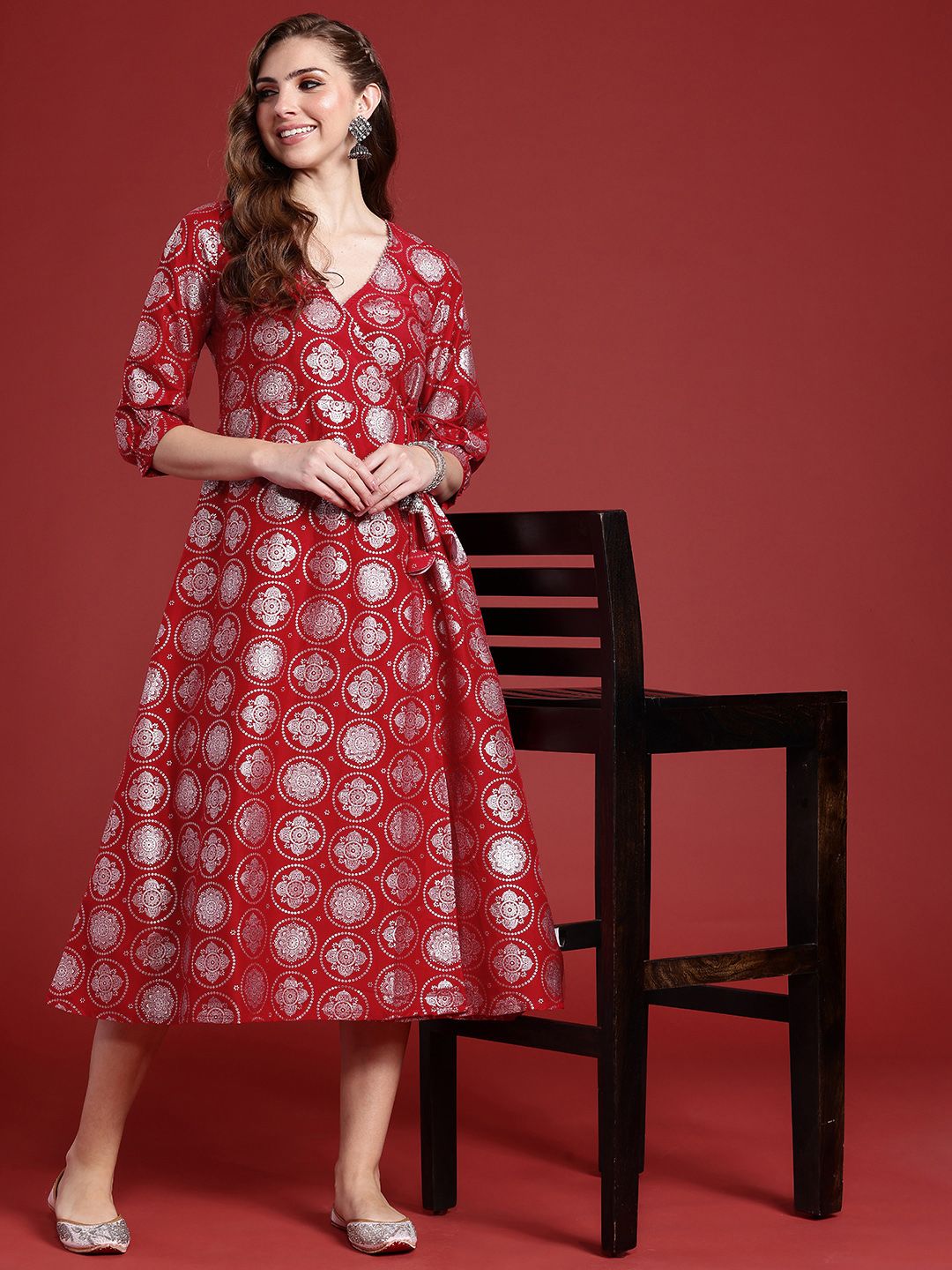 Anouk Ethnic Motifs Foil Printed Wrap Style A-Line Midi Ethnic Dress