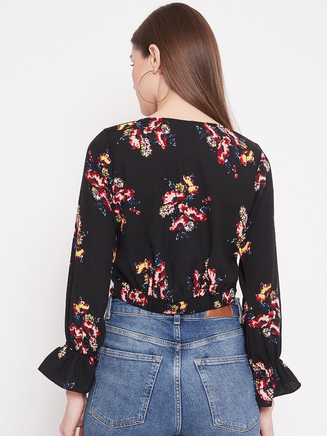 Berrylush Black & Red Floral Bishop Sleeves Crepe Wrap Crop Top
