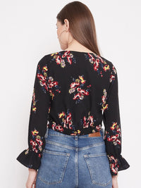 Berrylush Black & Red Floral Bishop Sleeves Crepe Wrap Crop Top
