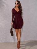 all about you Red Long Sleeves V-Neck Fit & Flare Dress