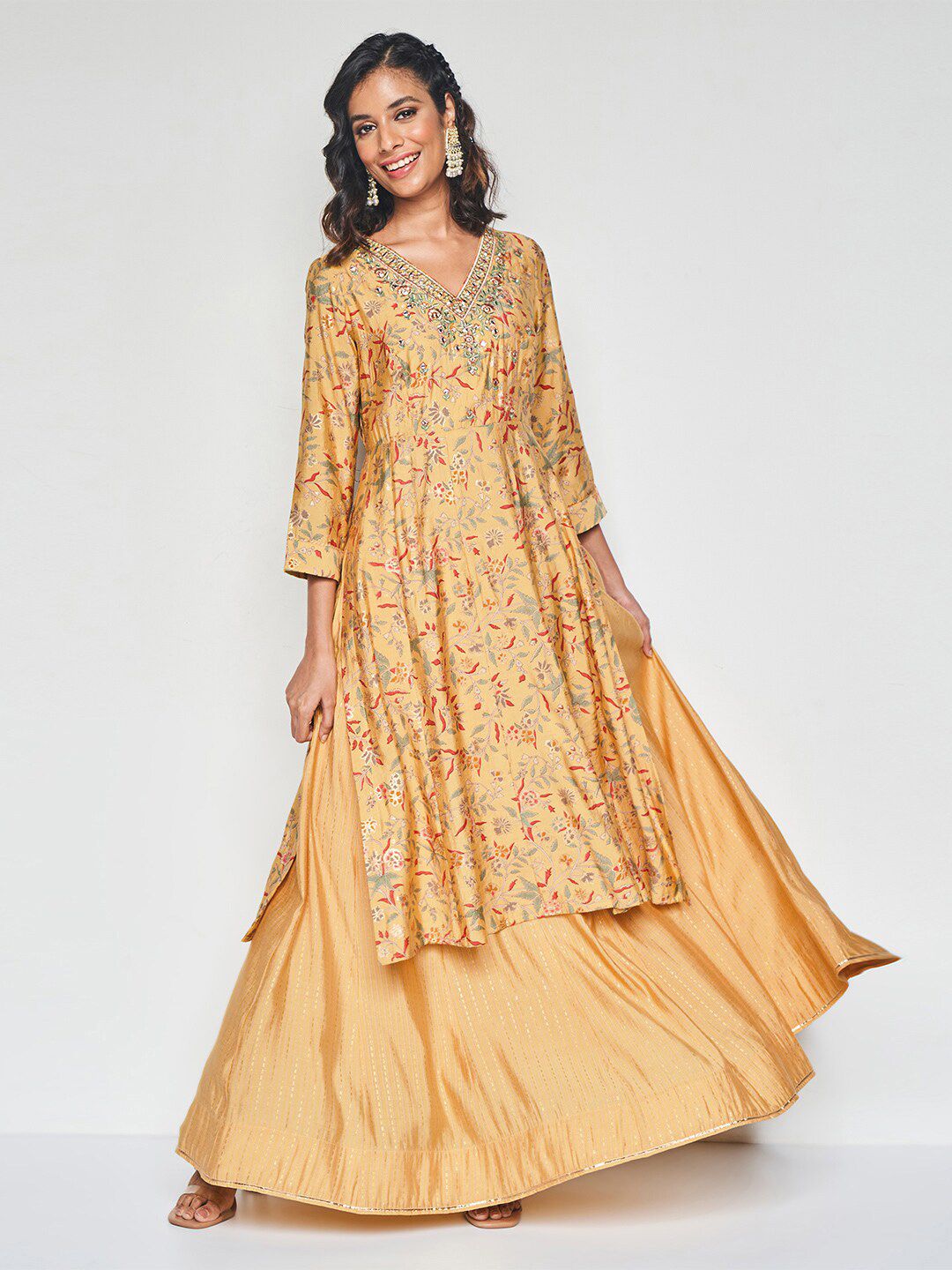Global Desi Floral Printed Thread Work Kurta With Skirt