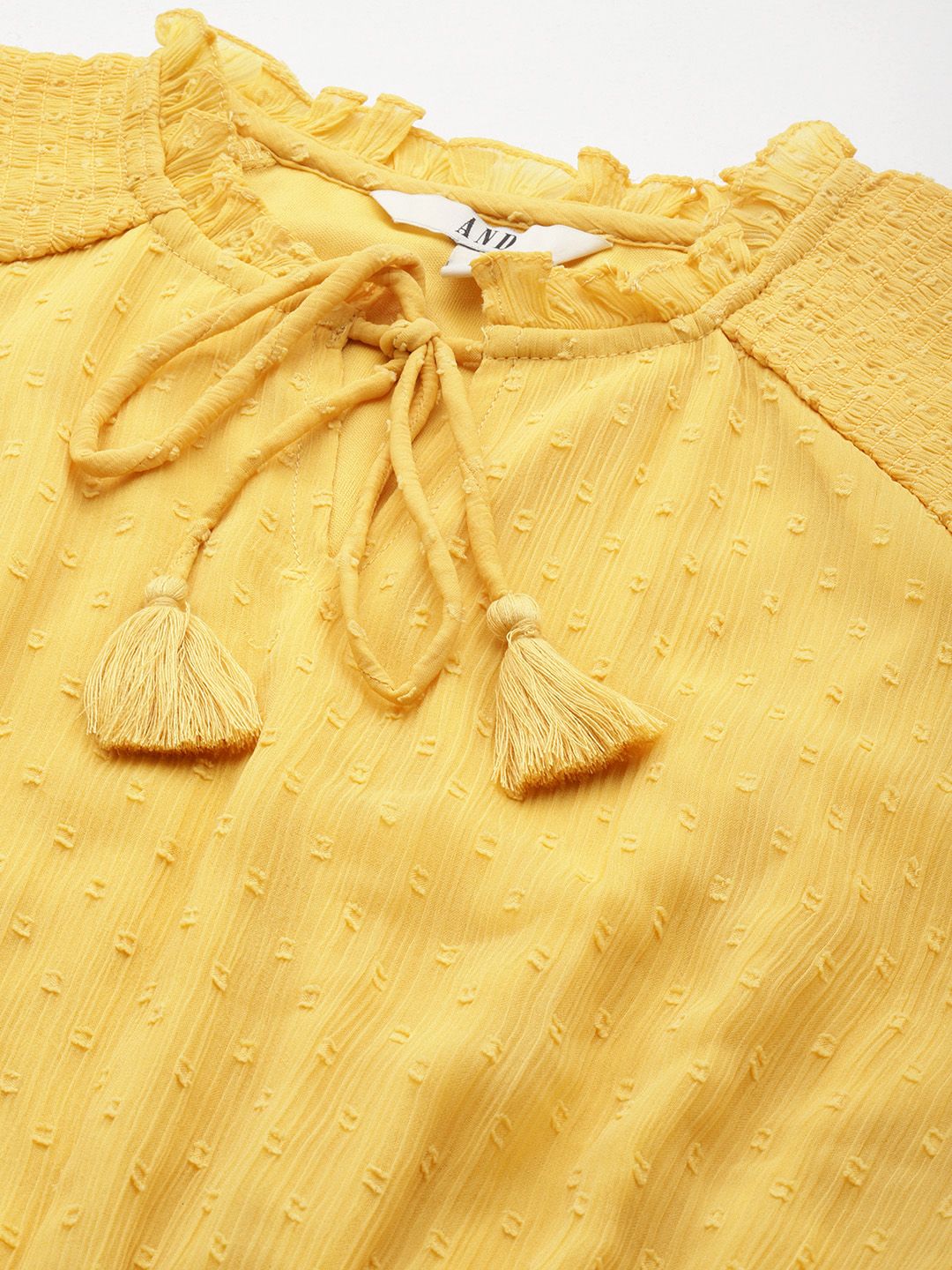 AND Yellow Self Design Tie-Up Neck Fit & Flare Dress