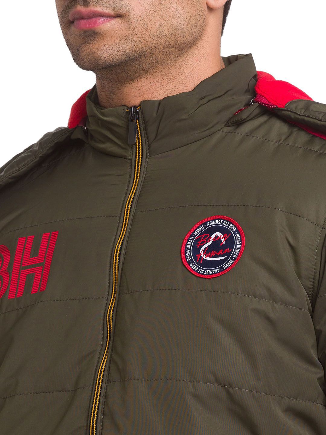 Being Human Men Olive Green Colourblocked Crop Open Front Jacket with Patchwork
