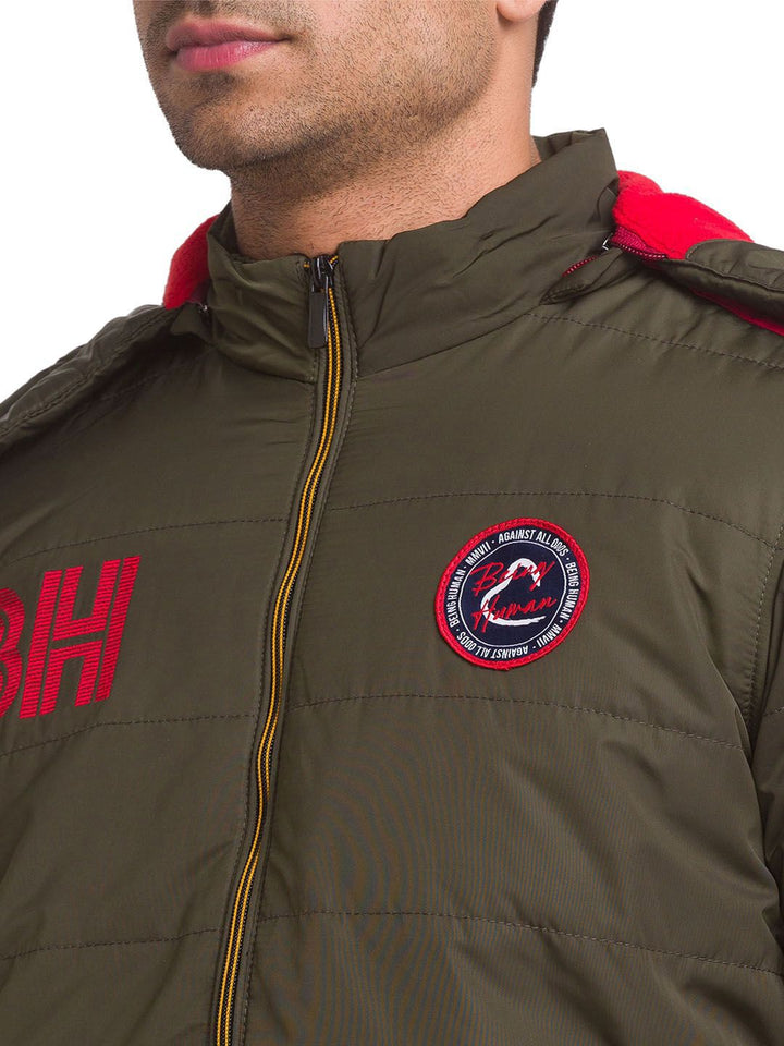 Being Human Men Olive Green Colourblocked Crop Open Front Jacket with Patchwork