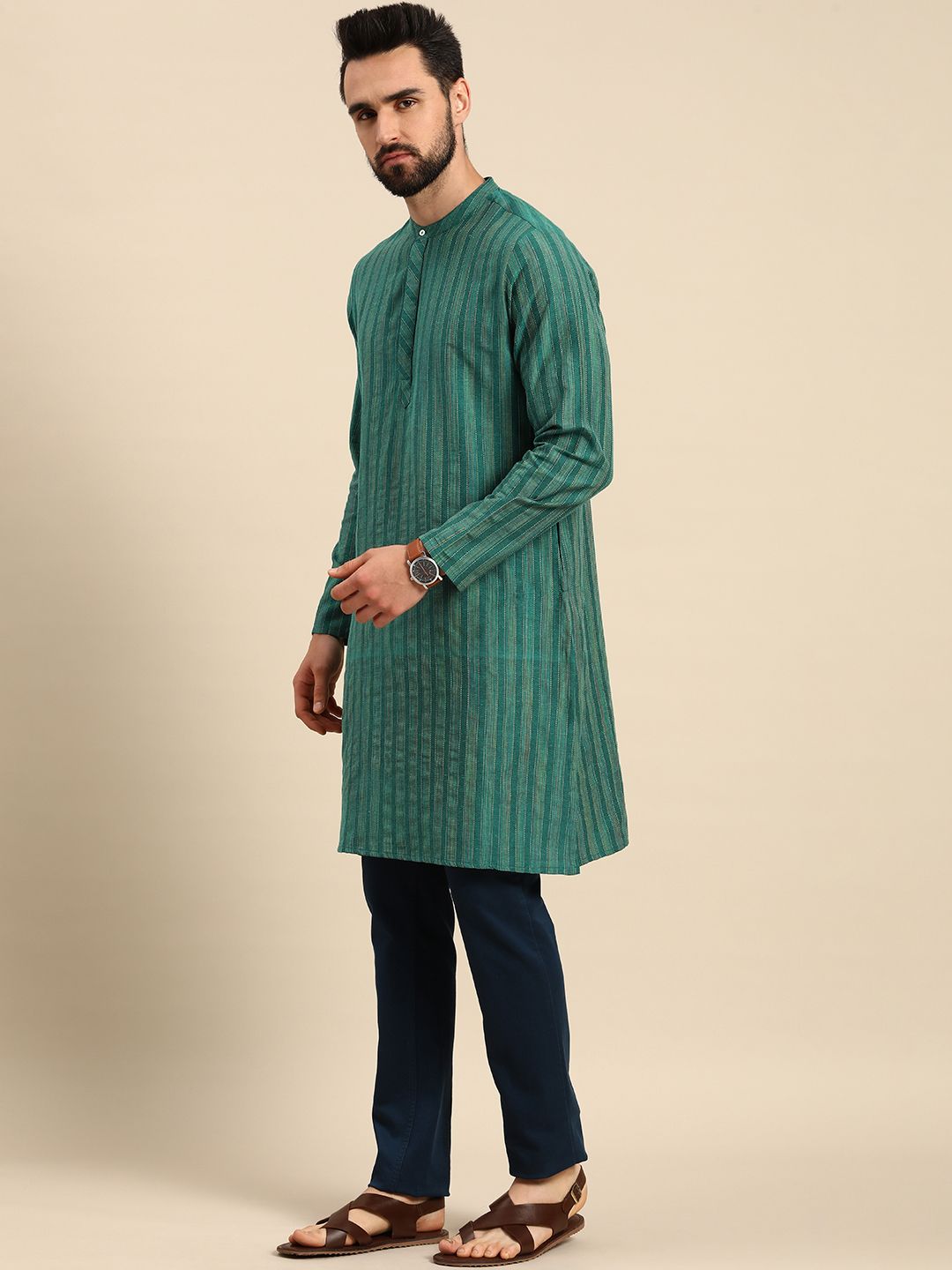 Anouk Men Teal Green Striped Kurta