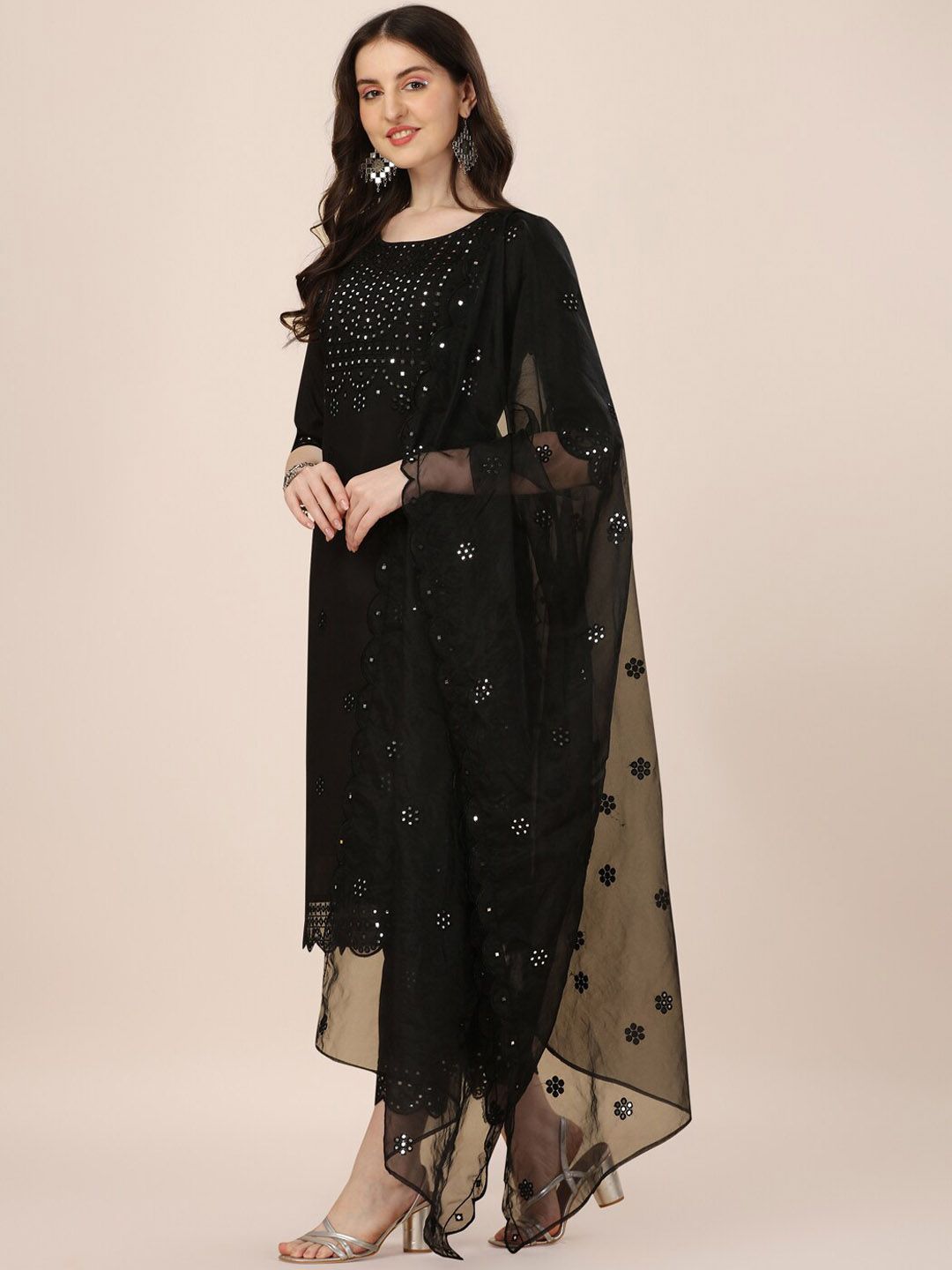 KALINI Embroidered Mirror Work Chanderi Cotton Kurta With Trousers & Dupatta