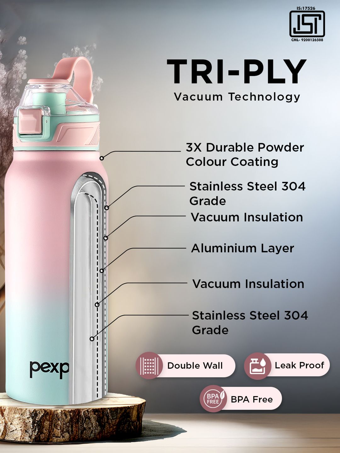 Pexpo Pink & Green Colourblocked Stainless Steel Double Wall Vacuum Water Bottle-740 ml