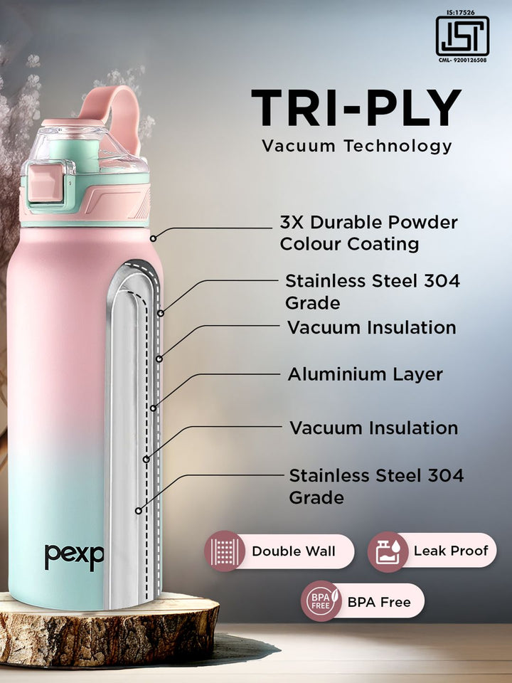 Pexpo Pink & Green Colourblocked Stainless Steel Double Wall Vacuum Water Bottle-740 ml