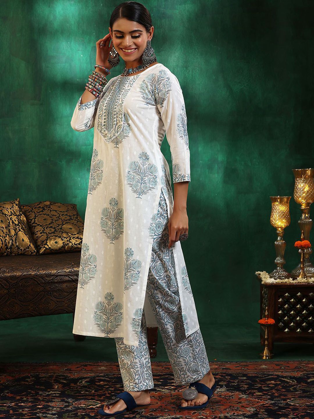 Libas Floral Printed Gotta Patti Pure Cotton Straight Kurta with Trousers & Dupatta