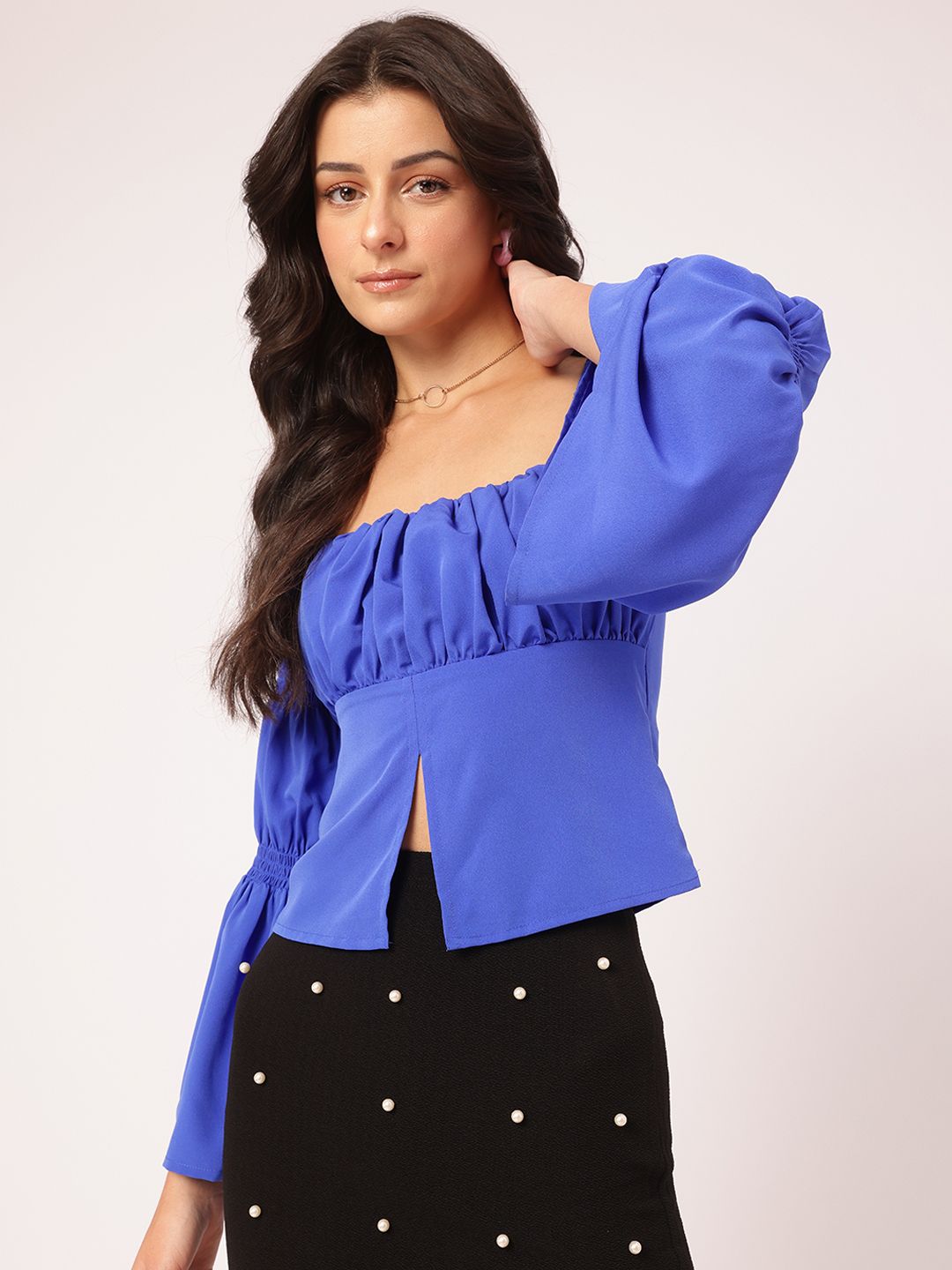 DressBerry Effortless Elegance Ruched Tiered Bell Sleeves Slit Front Empire Top