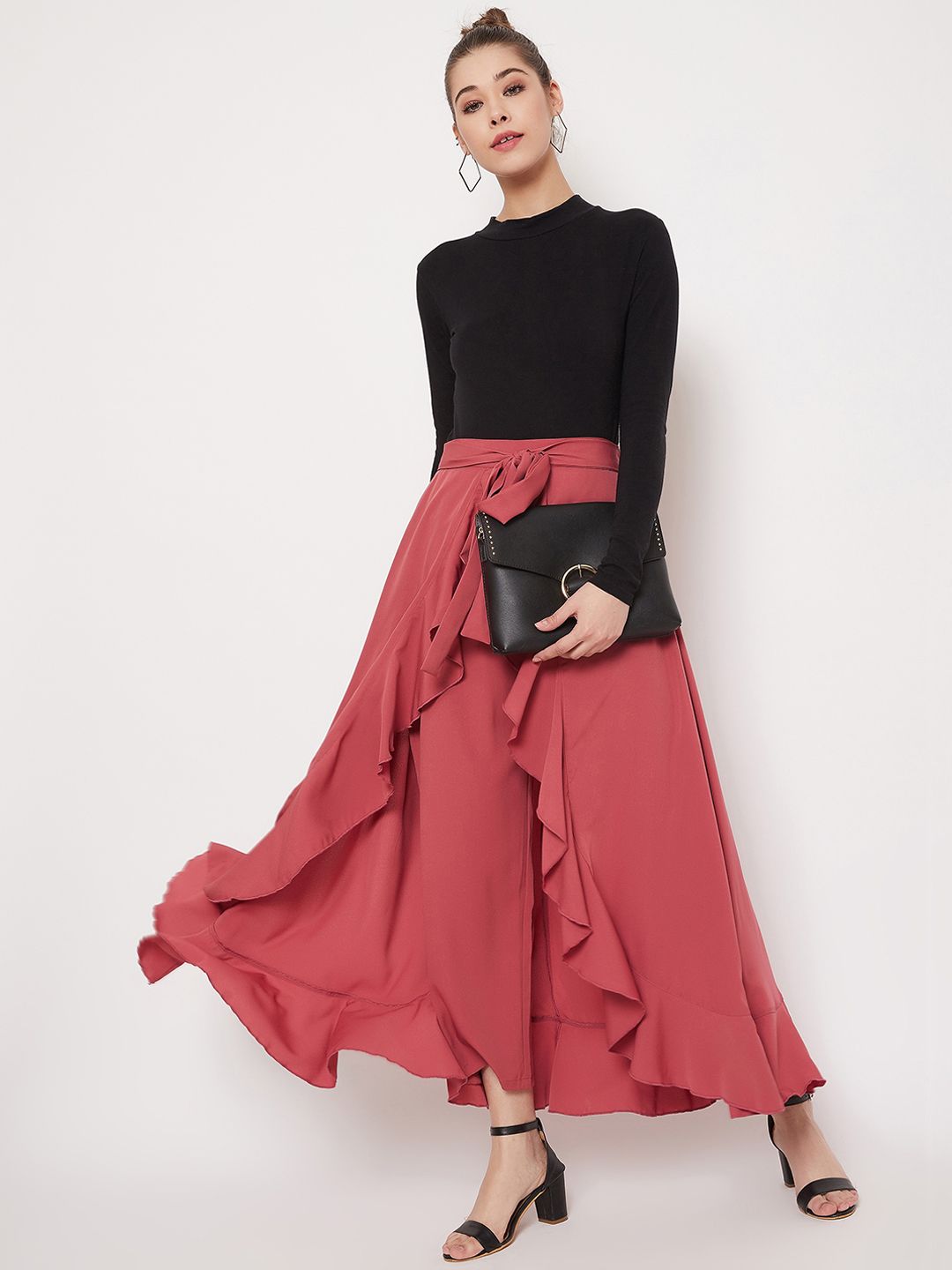 Berrylush Women Pink Solid Wrap Maxi Skirt With Pants