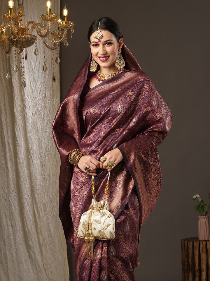 Saree mall Burgundy & Copper-Toned Woven Design Zari Silk Blend Dharmavaram Sarees