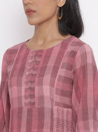 W Women Pink Checked Cotton A-Line Dress